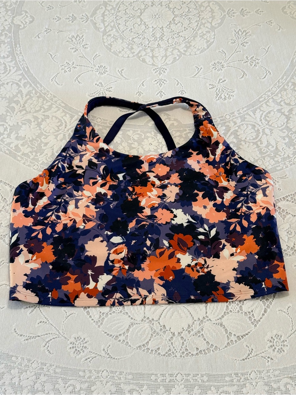 Old Navy Powersoft Floral‎ Longline Sports Bra Crop Top XL Navy Orange Crossback